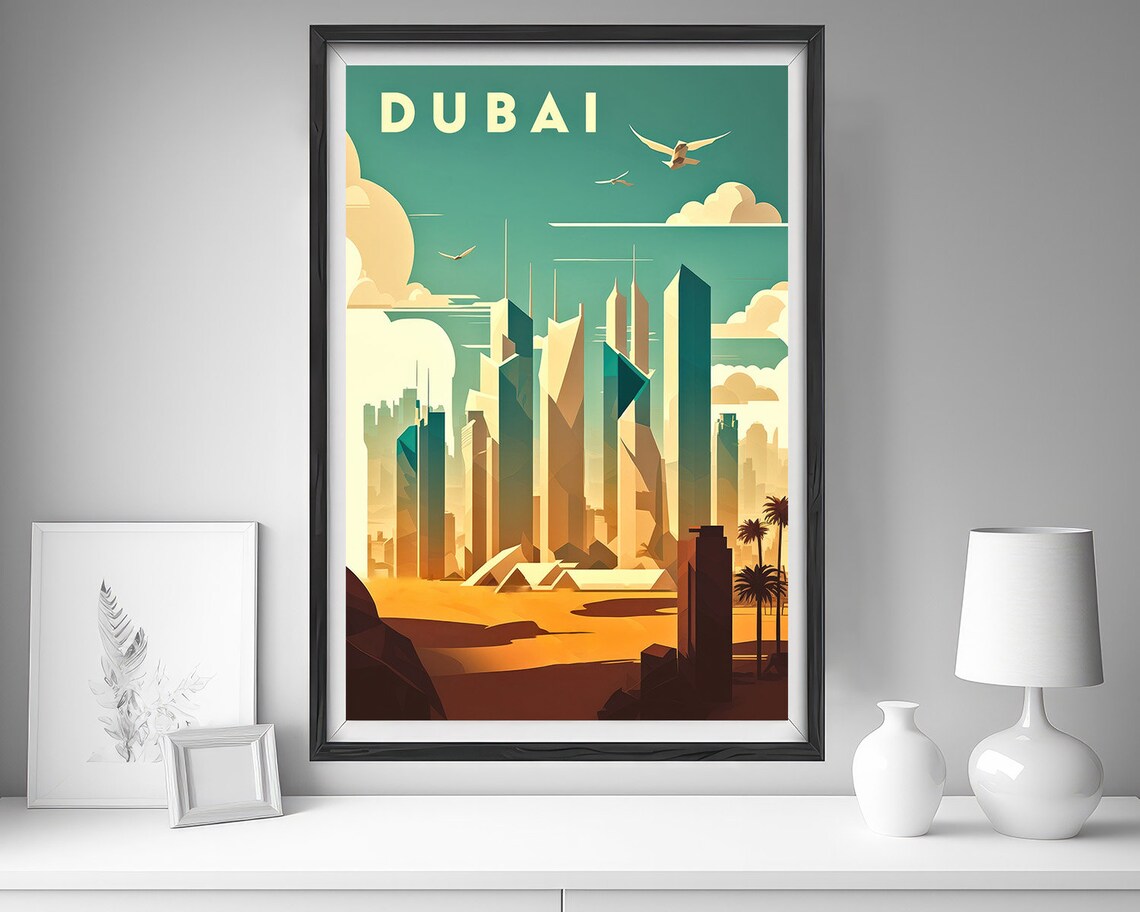 Dubai UAE Vintage Travel Poster Modern Skyline Desert Sunset Art - Image 4