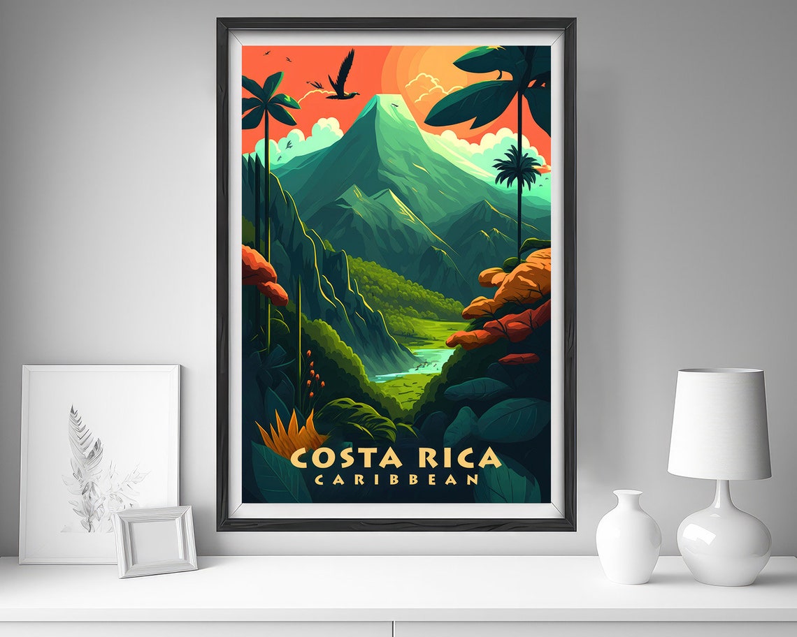 Costa Rica Caribbean Volcano Jungle Sunset Birds Travel Poster - Image 3