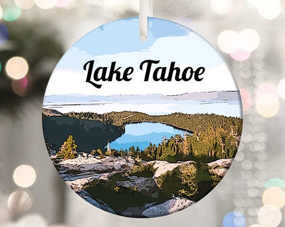 Lake Tahoe Mountain Lake Round Christmas Ornament Travel Poster Art