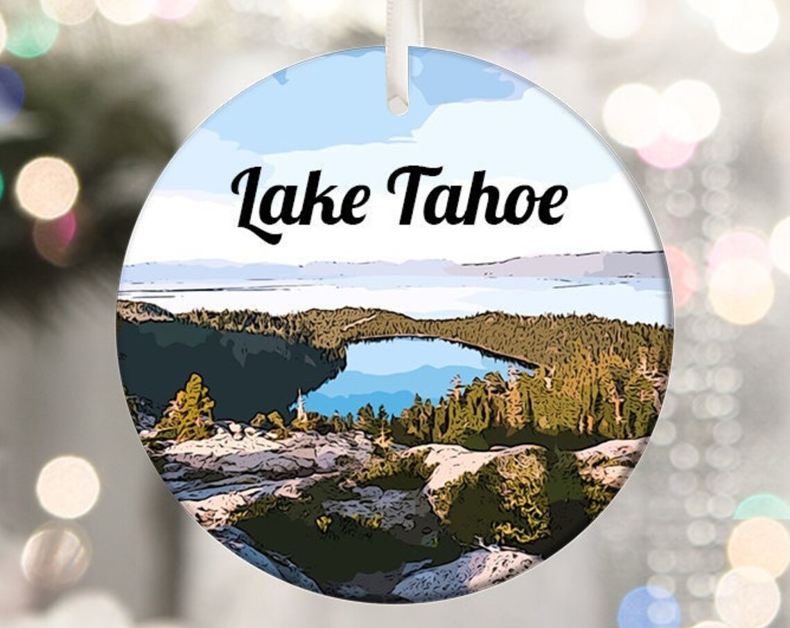 Lake Tahoe Mountain Lake Round Christmas Ornament Travel Poster Art