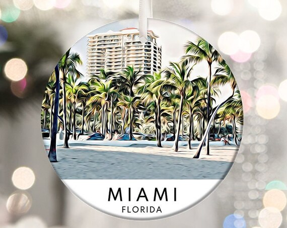 Miami Florida Tropical Beach Palms Skyline Holiday Ornament Print