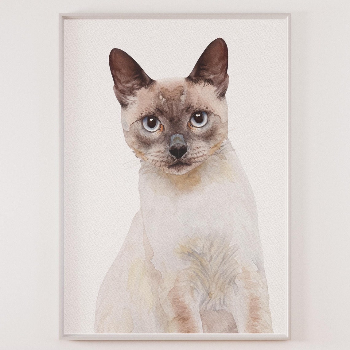 Siamese Cat Watercolor Portrait Blue Eyes Framed Pet Art Print