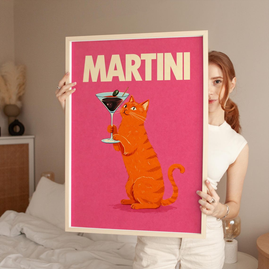 Sassy Martini Cat Orange Tabby Pink Cocktail Home Bar Poster