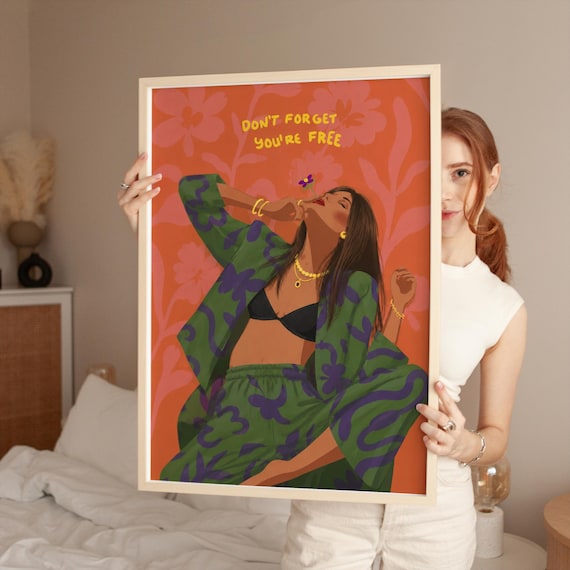 Don't Forget You're Free Boho Woman Smelling Flower Quote Poster