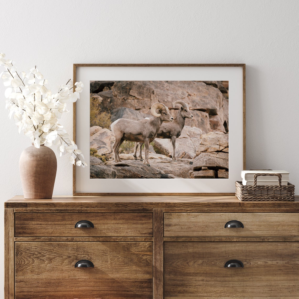 Desert Bighorn Sheep Pair on Rocky Cliffs Wildlife Photography Poster - Image 4
