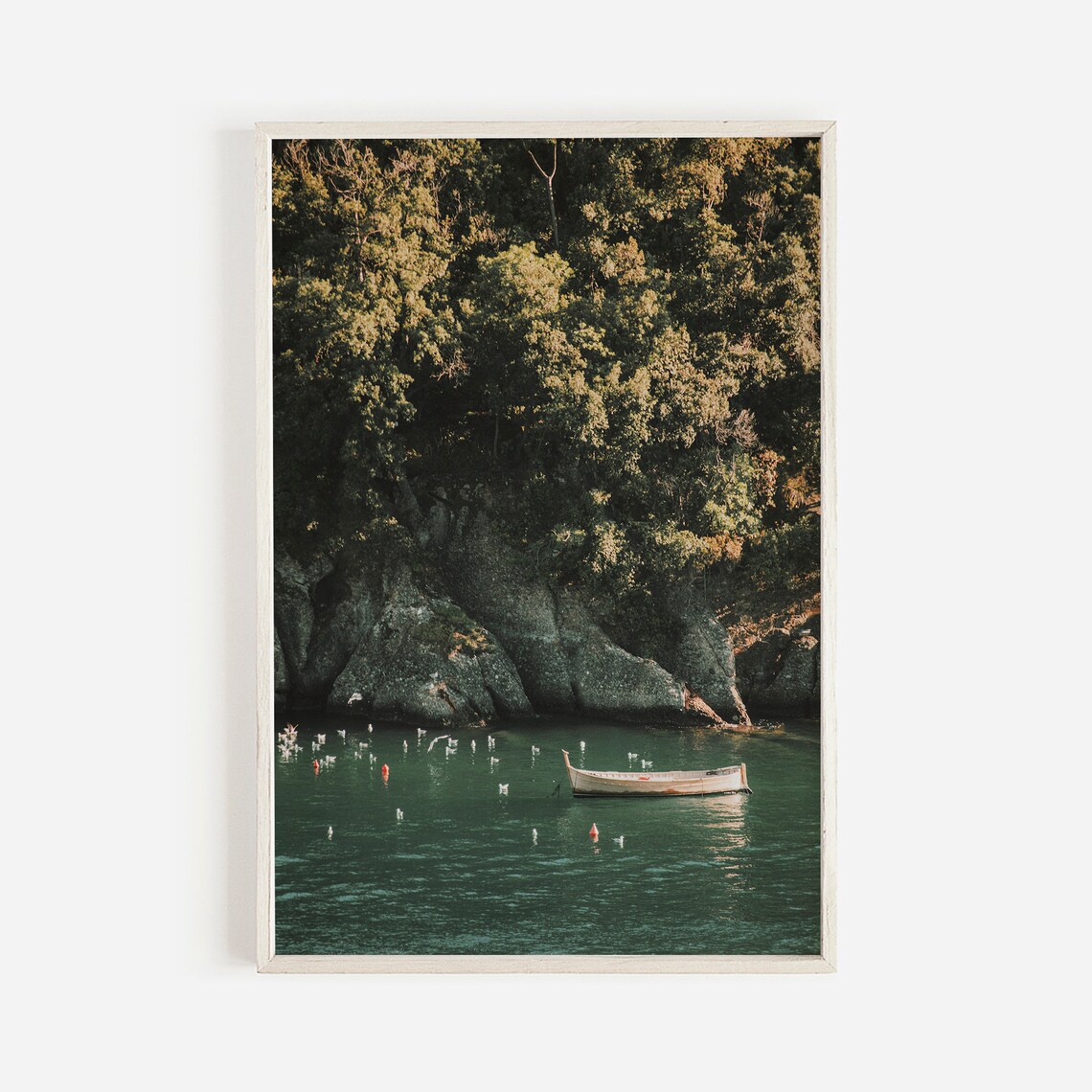 Italian Riviera Wooden Fishing Boat Rocky Cliff Cove Sea View Poster
