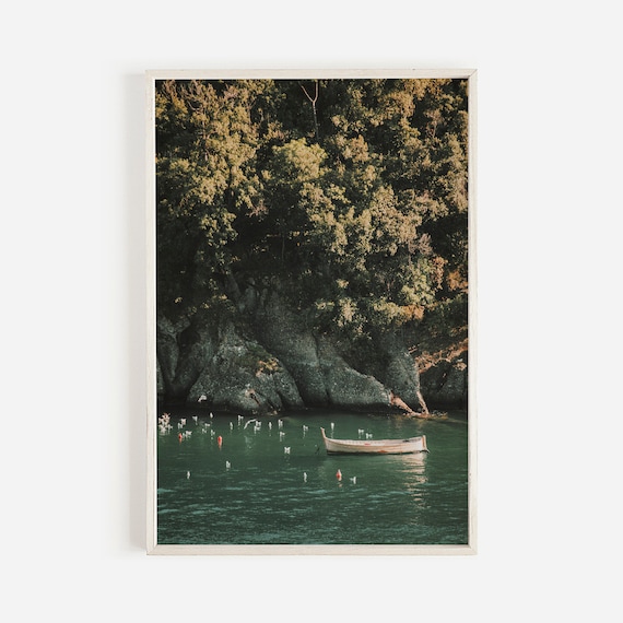 Italian Riviera Wooden Fishing Boat Rocky Cliff Cove Sea View Poster
