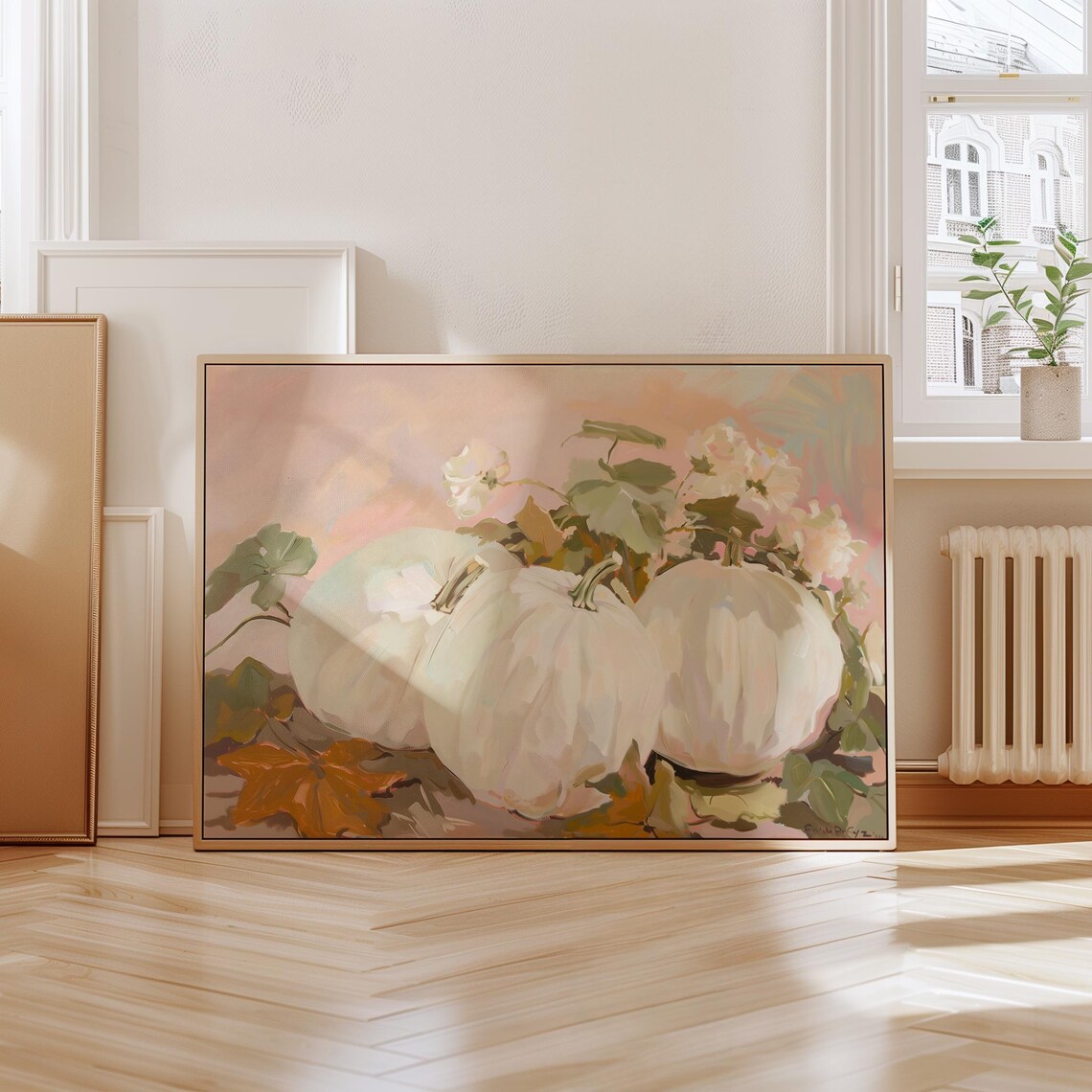 White Pumpkin Still Life Painting Beige Autumn Harvest Farmhouse Wall Art Print - Image 4