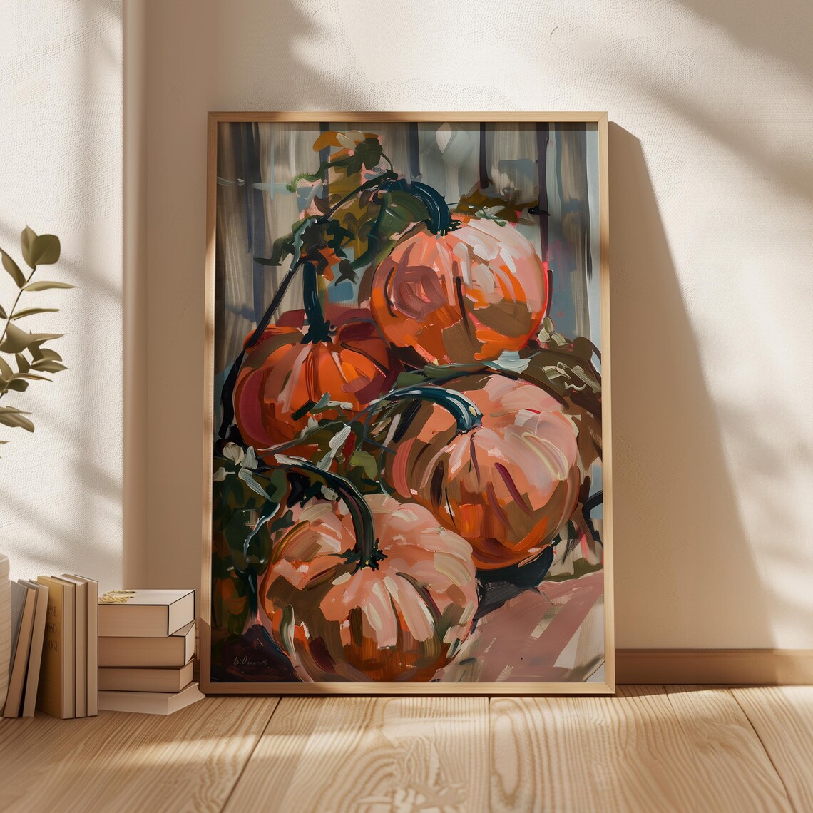 Moody Orange Pumpkin Patch Oil Painting Rustic Fall Harvest Wall Art Print - Image 4
