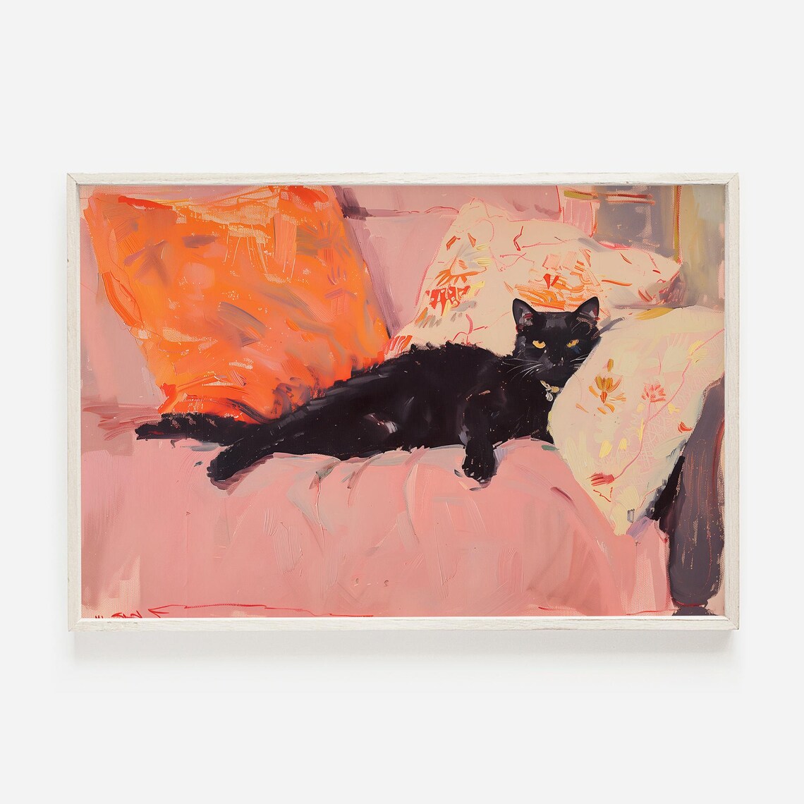 Black Cat Lounging On Pink Couch Painted Art For Cat Lover Decor Poster