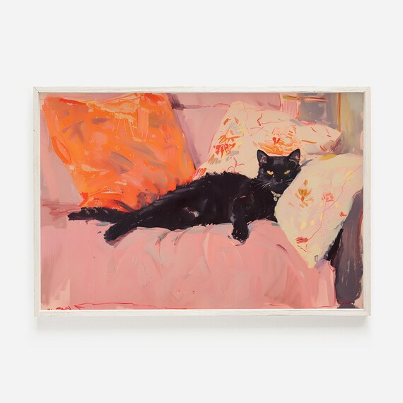 Black Cat Lounging On Pink Couch Painted Art For Cat Lover Decor Poster