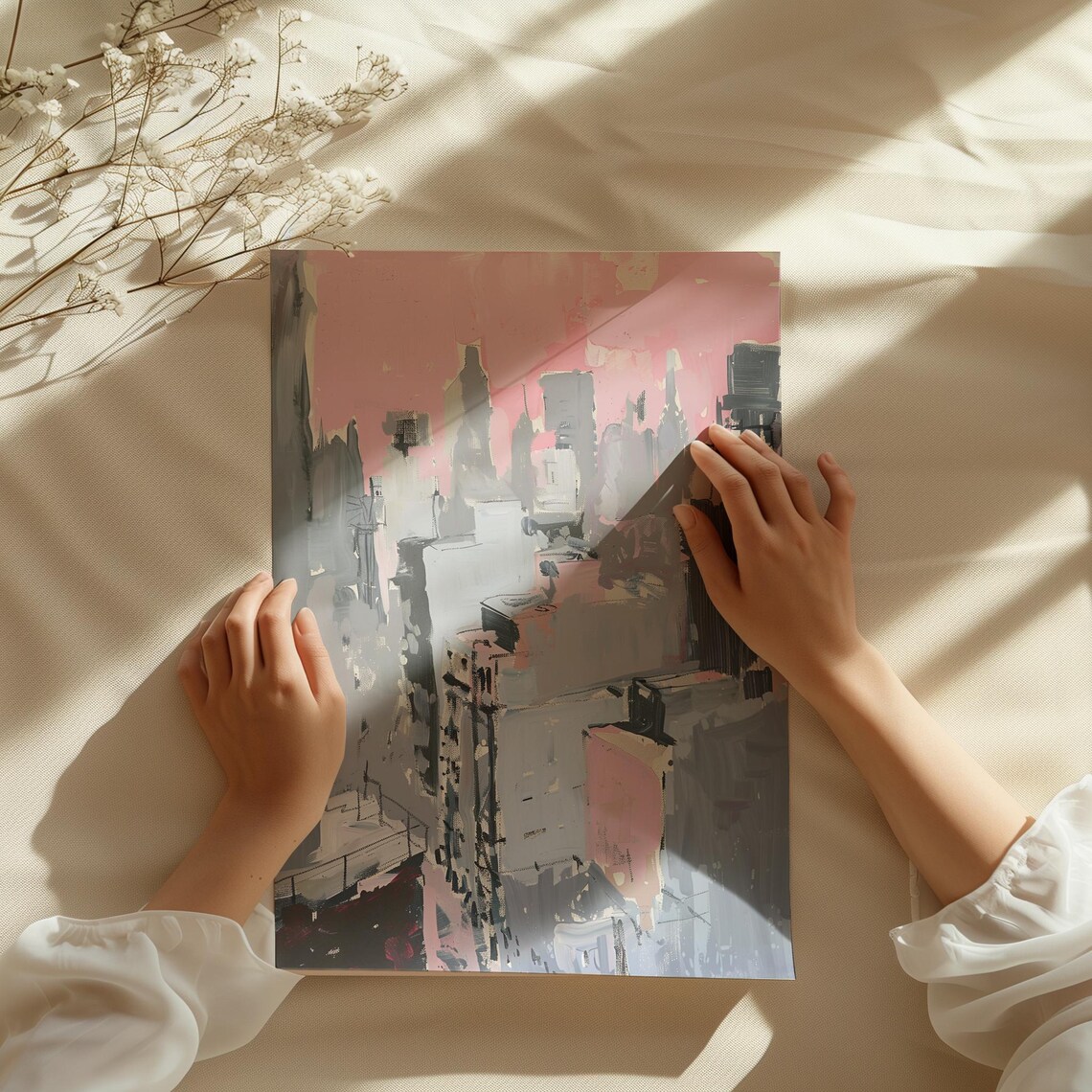 Pink City Skyline Hand Painted Skyscrapers Modern Urban Art Poster - Image 4