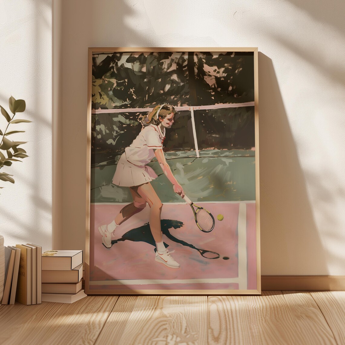 Retro Girl Playing Tennis On Pink Court Sports Painting Art Poster - Image 4