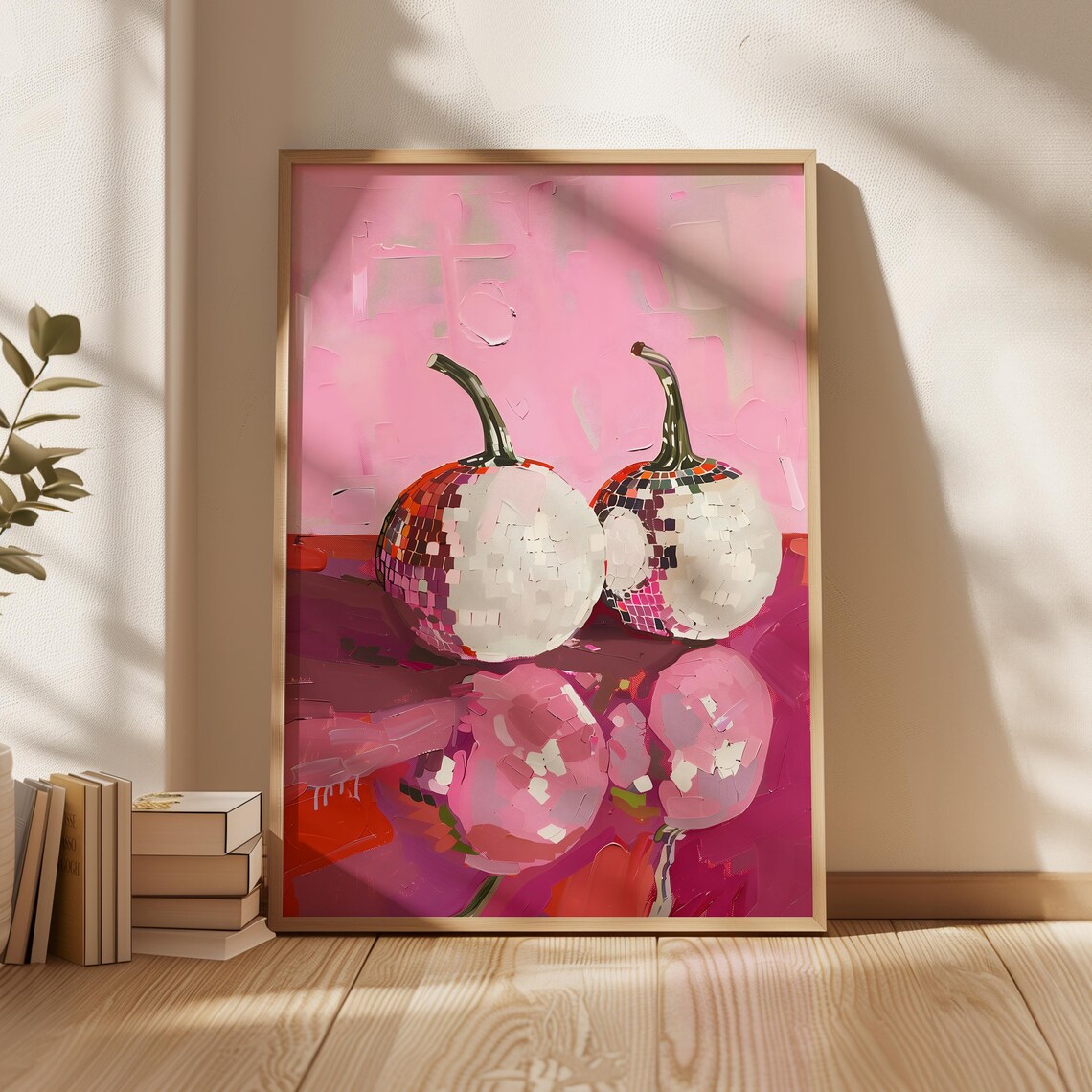 Disco Ball Pumpkin Painting Pink Retro Halloween Party Fall Wall Art Print - Image 4