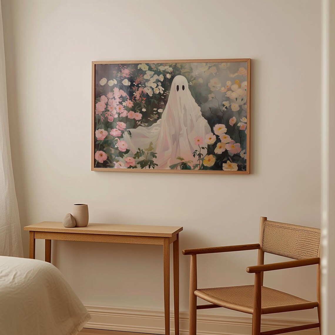White Ghost Among Pink Wildflowers Painting Soft Spooky Floral Wall Art Print - Image 2