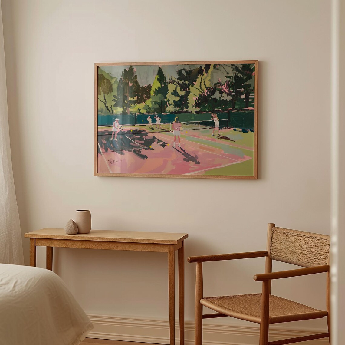 Girls Tennis Match On Pink Court Bold Sports Painting Art Poster - Image 2