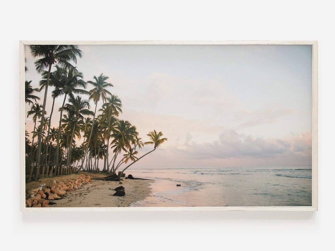 Tropical Palm Beach Sunset Leaning Palm Shoreline Ocean Travel Poster