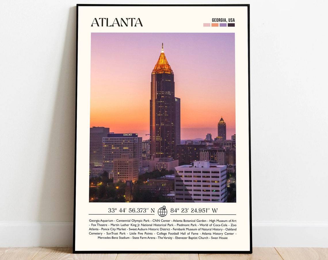 Atlanta City Georgia Travel Poster Gift Eclectic Vibrant Print Trendy Living Room Retro States Of America Wall Art Decor Framed Canvas