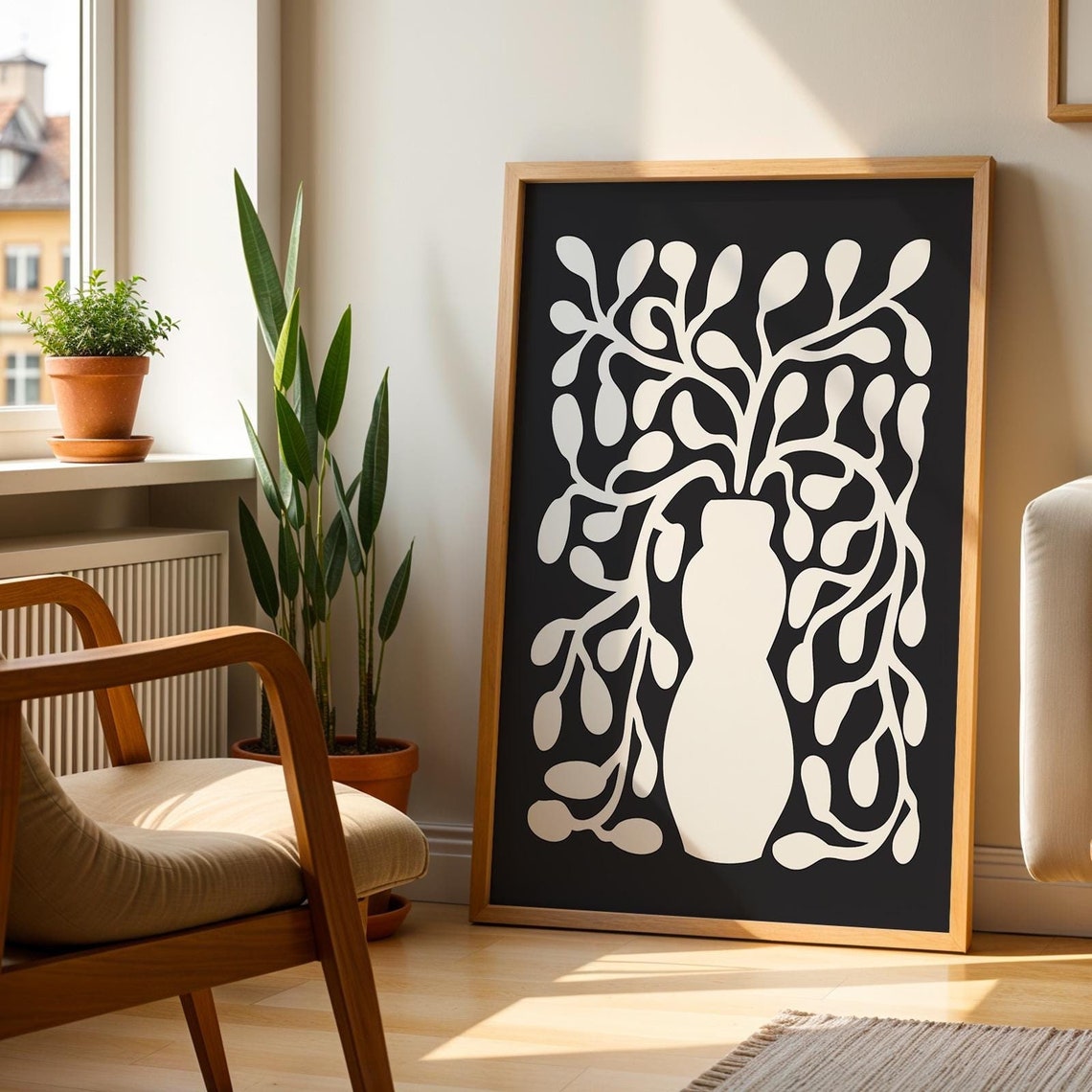 White Botanical Vase Silhouette Black Background Modern Poster
