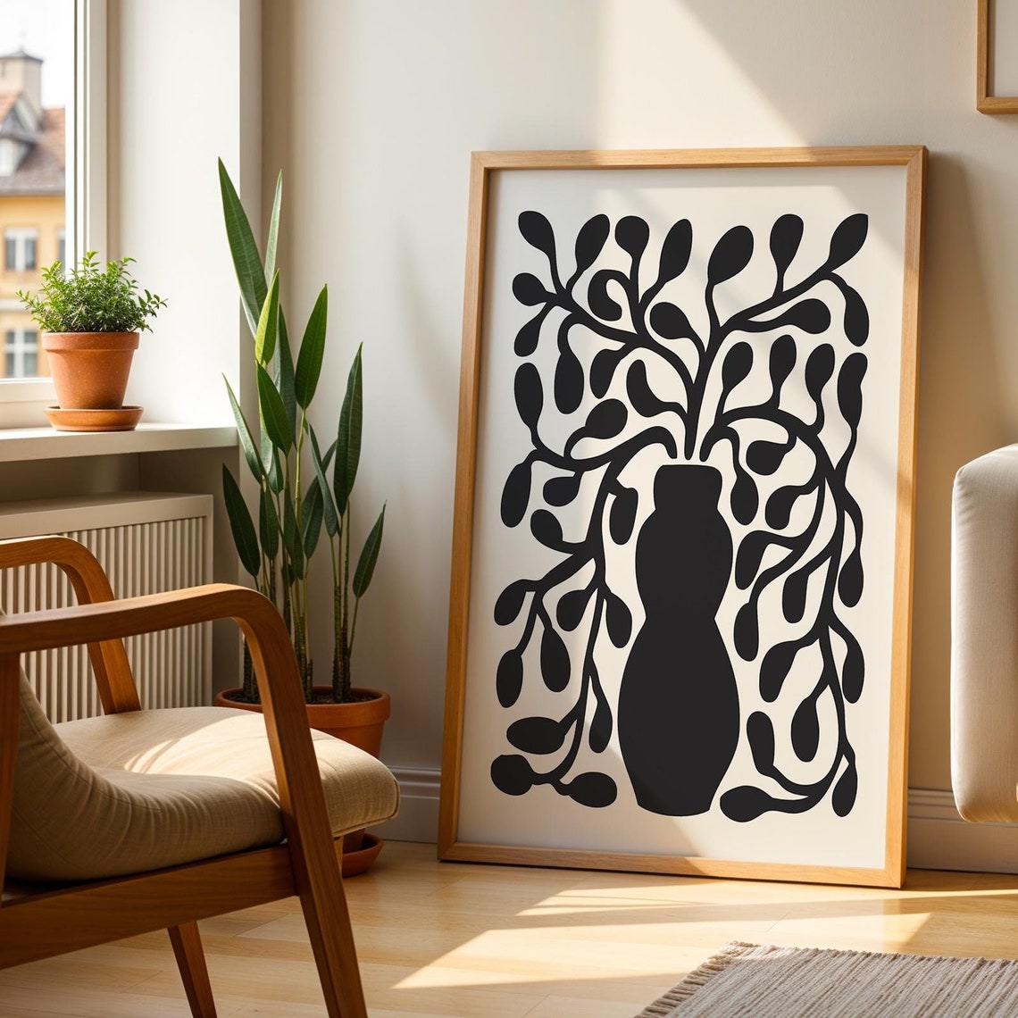 Black Botanical Vase Silhouette Mid Century Modern Cream Poster