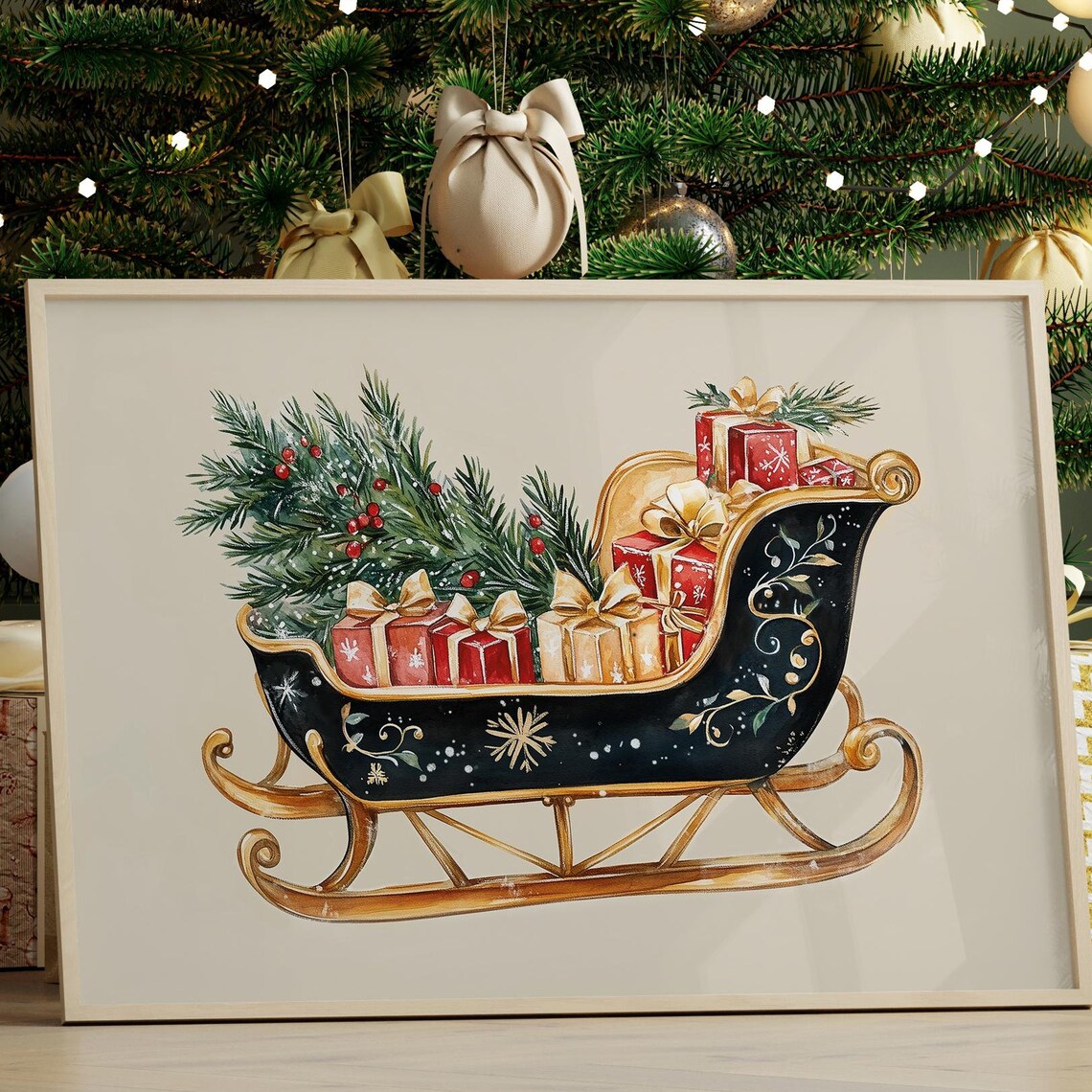 Black Vintage Christmas Sleigh Gifts Pine Gold Holiday Art Poster