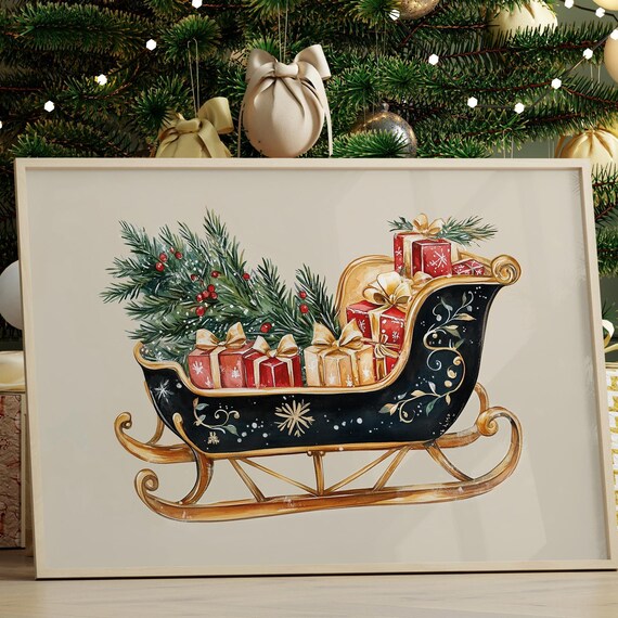 Black Vintage Christmas Sleigh Gifts Pine Gold Holiday Art Poster