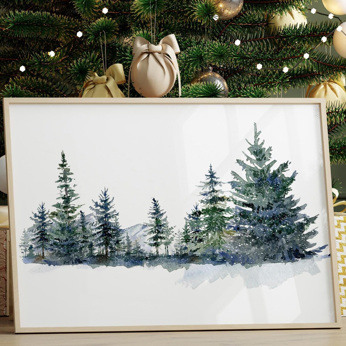 Snowy Pine Forest Watercolor Winter Wonderland Christmas Poster