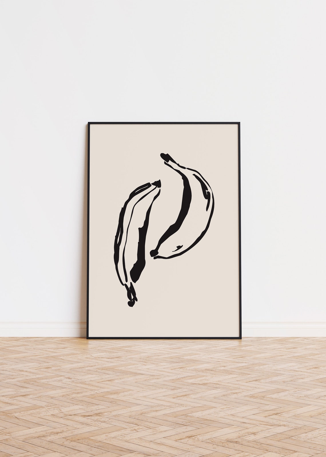 Two Black Ink Bananas Minimalist Line Drawing Modern Kitchen Poster