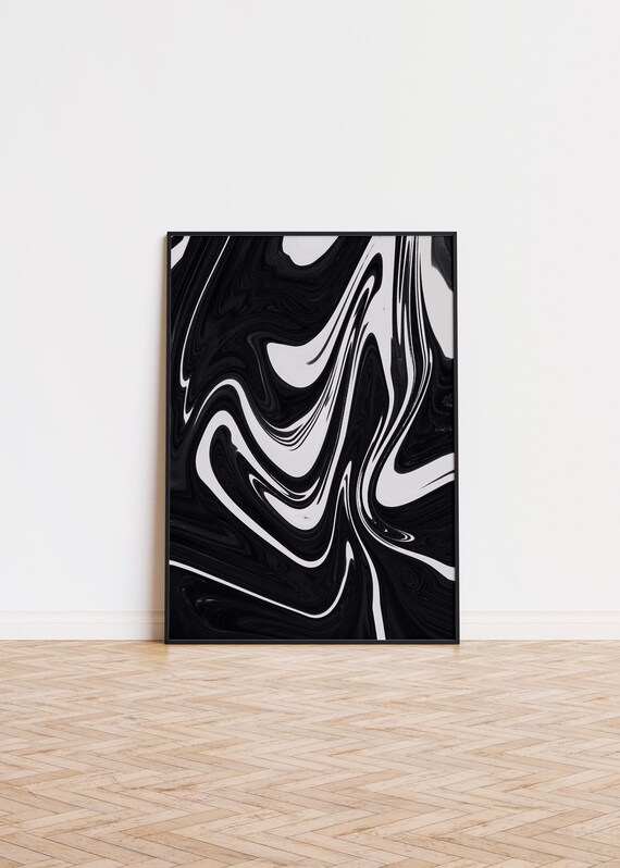 Black White Liquid Swirl Marbled Ink Abstract Modern Art Poster