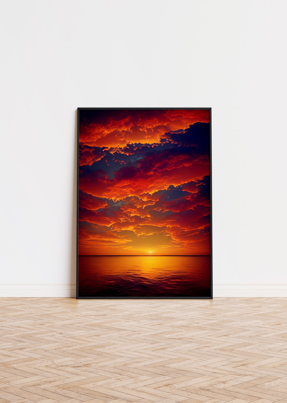 Fiery Sunset Over Ocean Waves Dramatic Red Cloudscape Poster