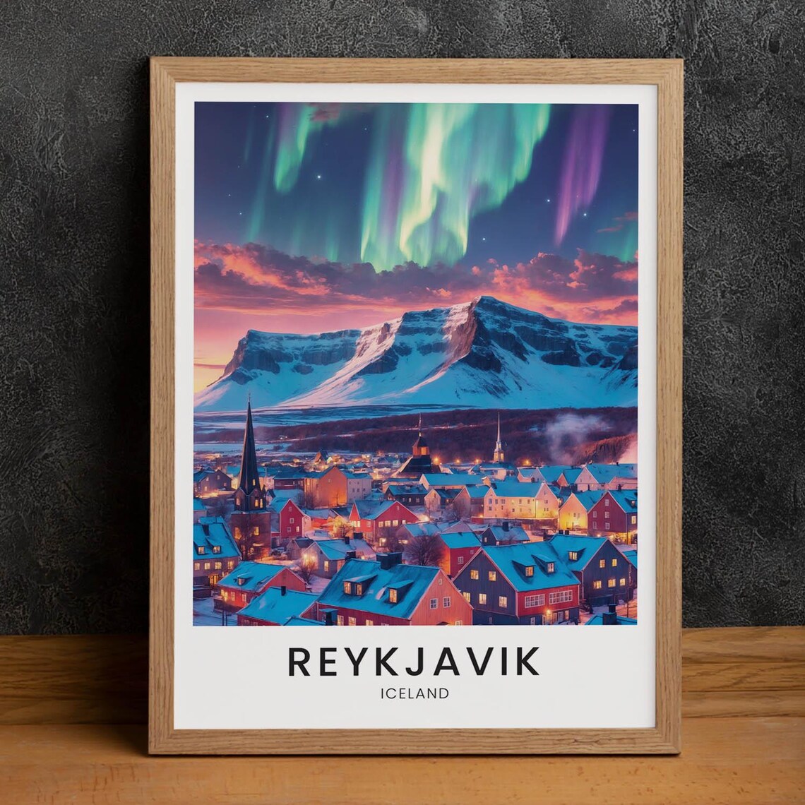 Reykjavik Iceland Northern Lights Snowy Town Aurora Sky Poster