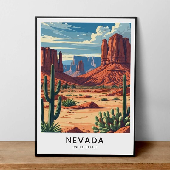 Nevada Red Rock Desert Cactus Vintage Southwest Travel Poster