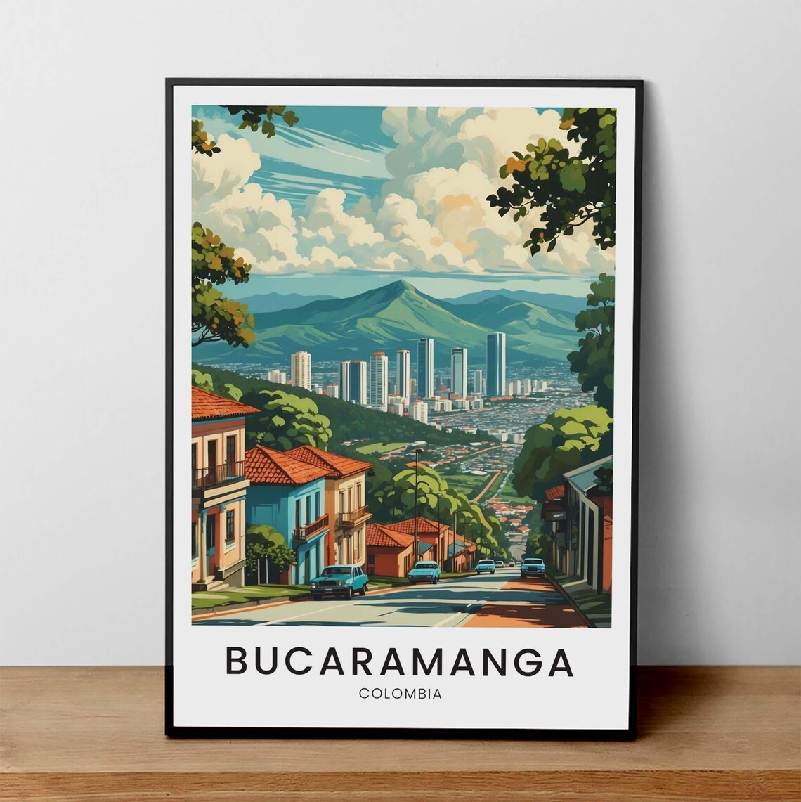 Bucaramanga Colombia City Skyline Mountain Vintage Travel Poster