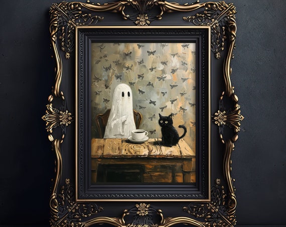 Coffee Time Ghost and Black Cat, Halloween Art Print