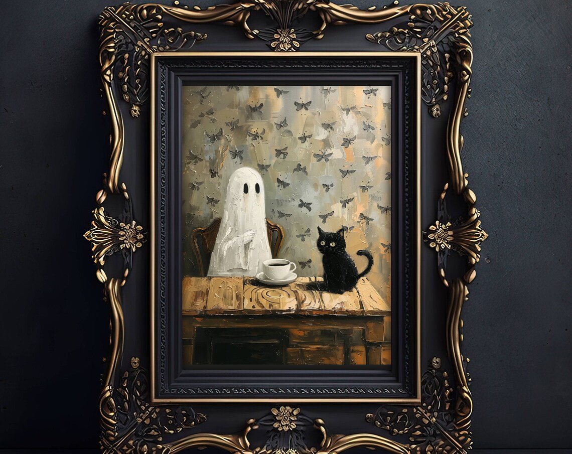 Coffee Time Ghost and Black Cat, Halloween Art Print