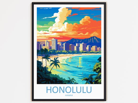 Honolulu Travel Poster, Hawaii Home Decor