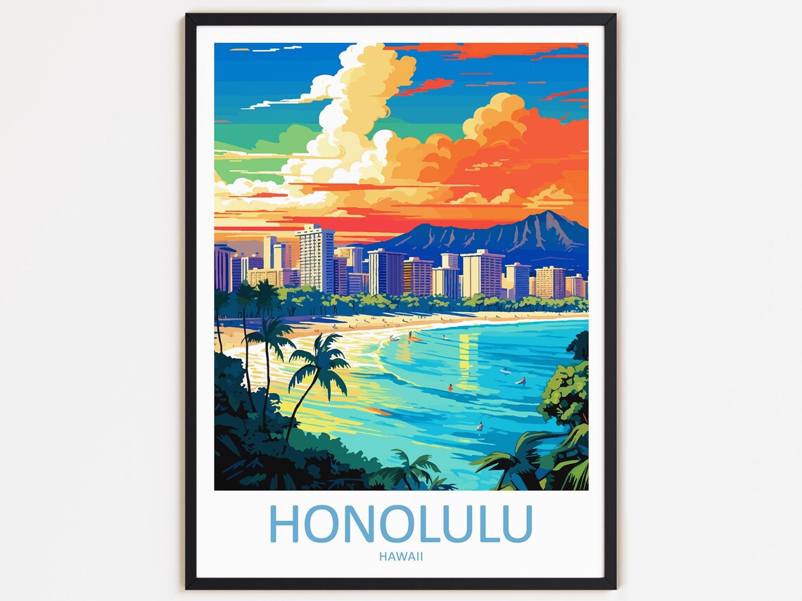 Honolulu Travel Poster, Hawaii Home Decor