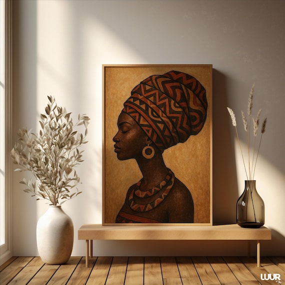 Regal African Woman Patterned Tribal Headwrap Portrait Art Poster