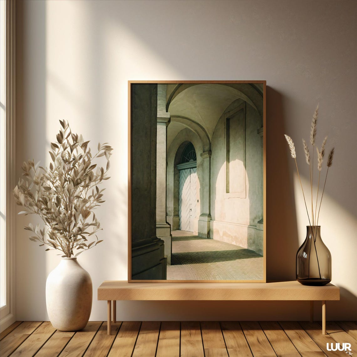 Sunlit Stone Arcade Colonnade European Courtyard Architecture Poster