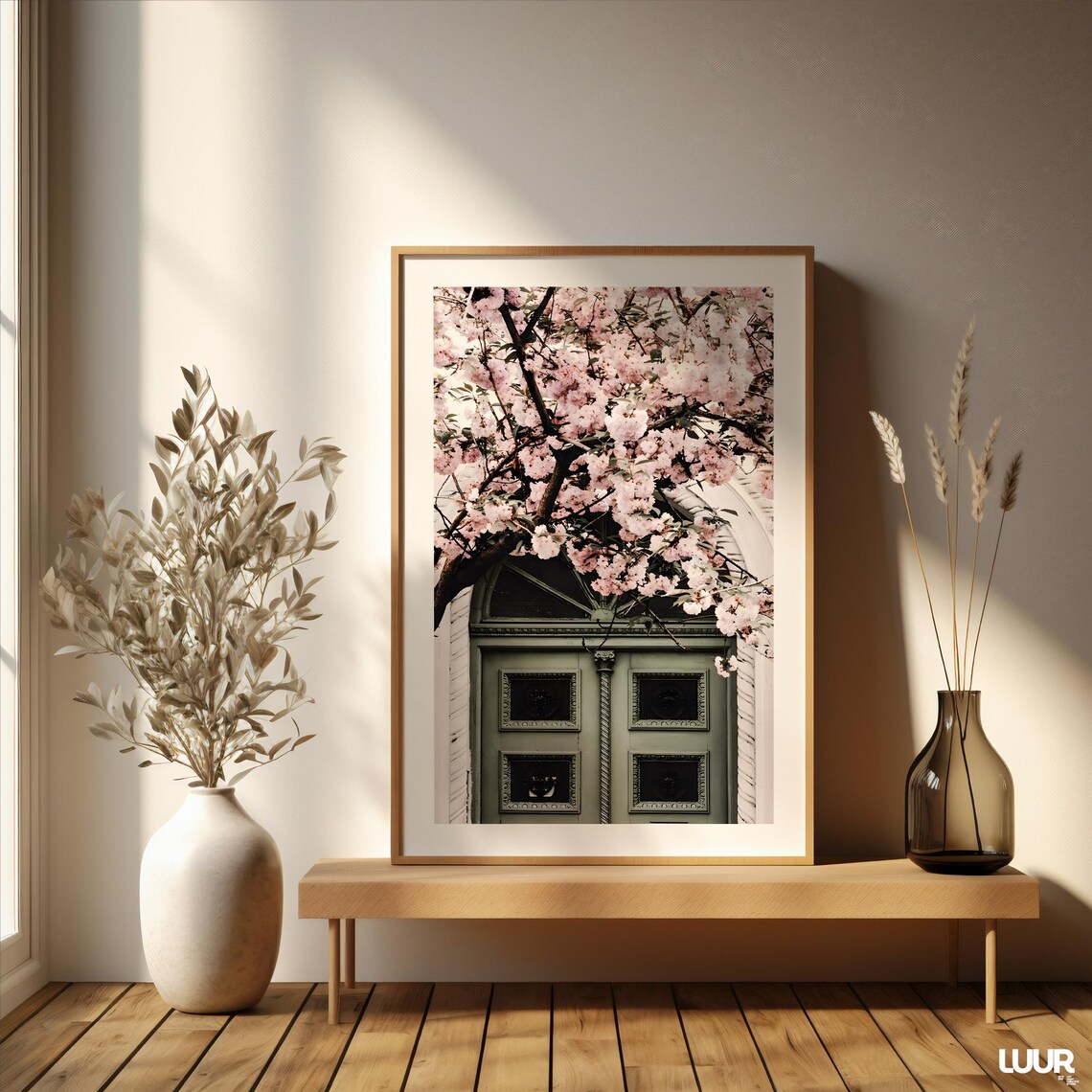 Boho Pink Flowers And Green Door Art Print