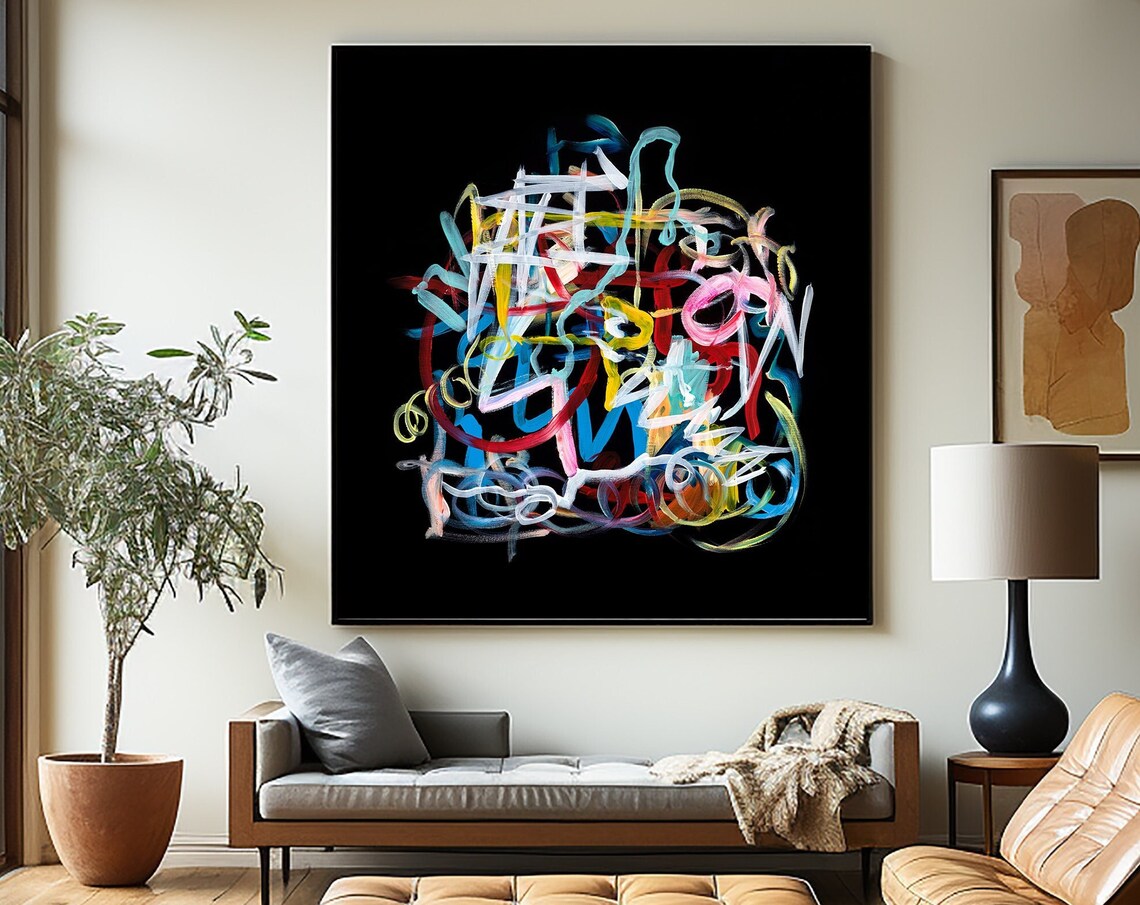 Black Abstract Art Print, Modern Colorful Painting - Image 5