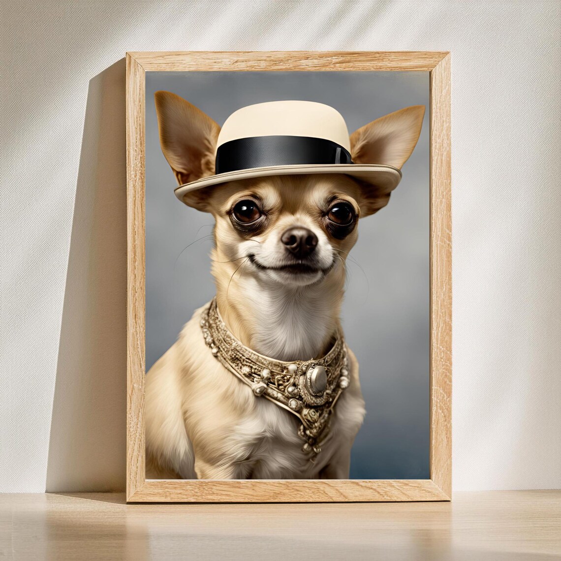 Dapper Chihuahua in White Hat Jeweled Collar Funny Dog Portrait Poster