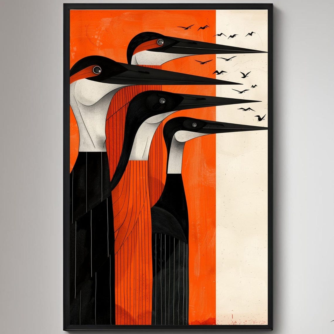 Stylized Herons in Black and Orange Mid Century Modern Bird Poster