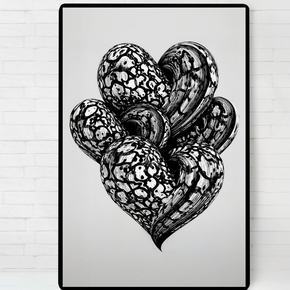 Abstract Black White Heart Art Print Textured Ink Organic Shapes Modern Wall Decor