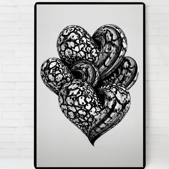 Abstract Heart Art Print Textured Black And White Illustration Pdf Files