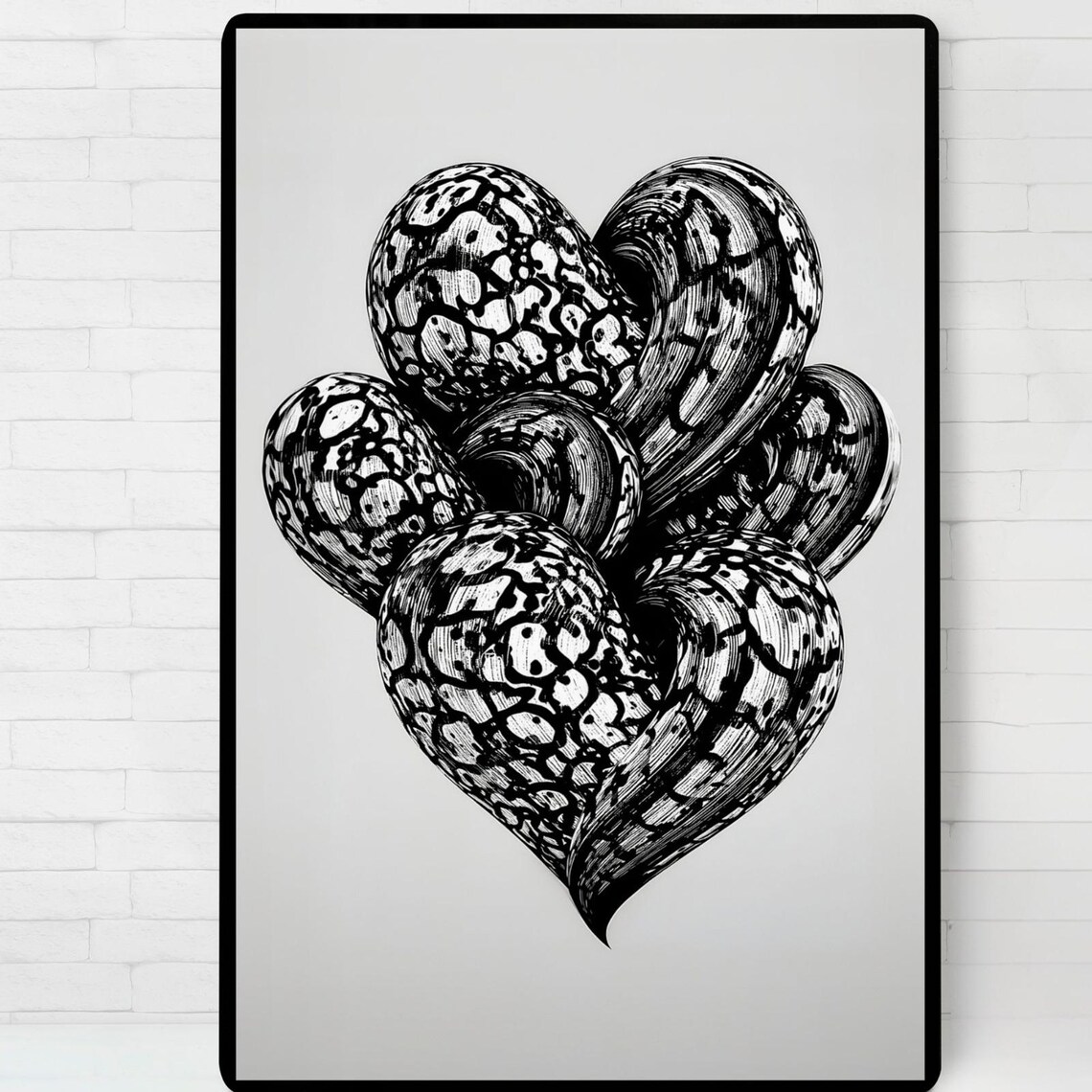 Abstract Black White Heart Art Print Textured Ink Organic Shapes Modern Wall Decor