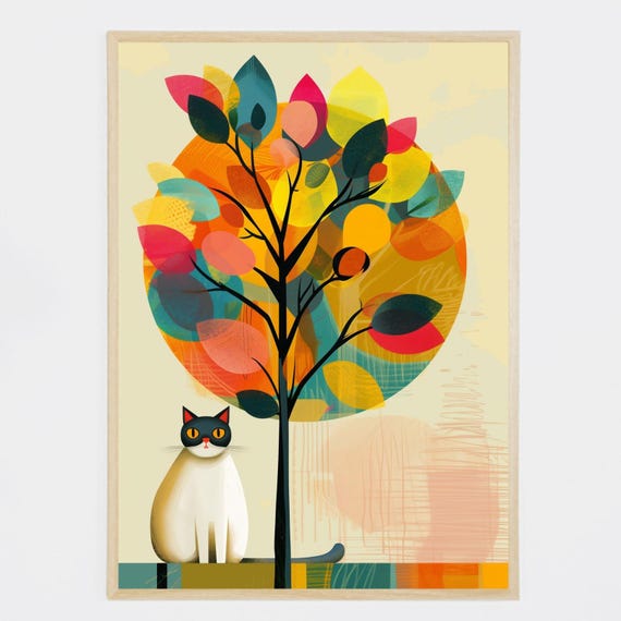 Cat And Colorful Tree Art Print Whimsical Illustration