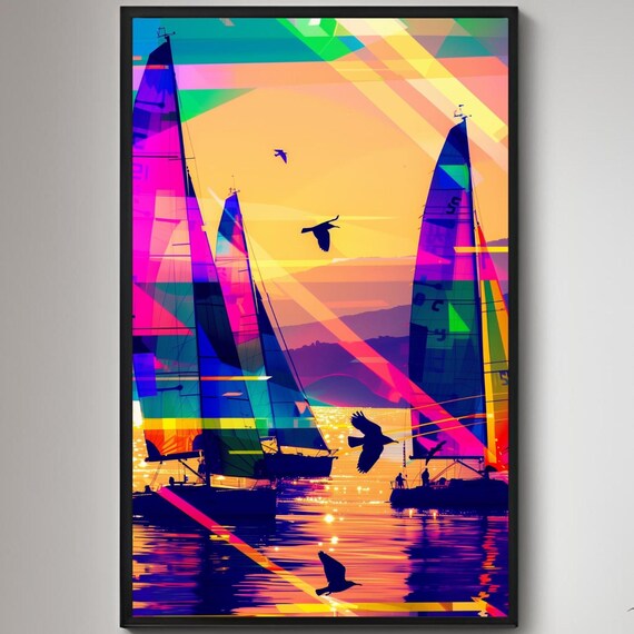 Colorful Neon Sailboats Racing at Sunset Abstract Sailing Poster