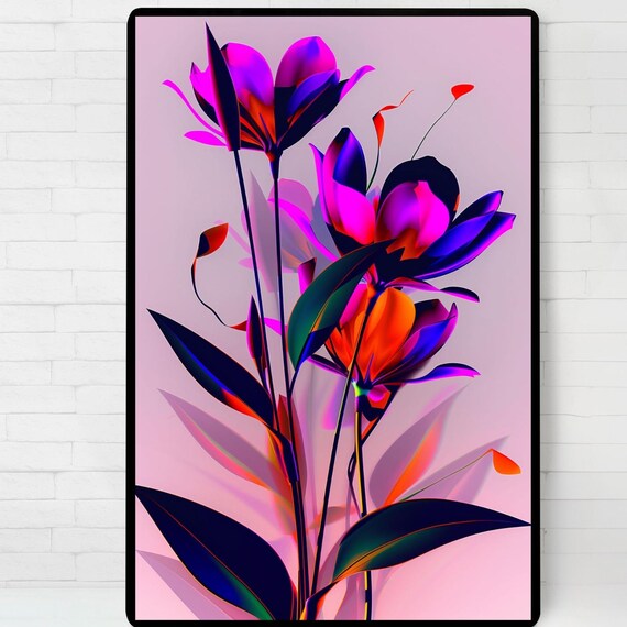 Neon Violet Bloom Bouquet Abstract Pop Art Botanical Style Poster