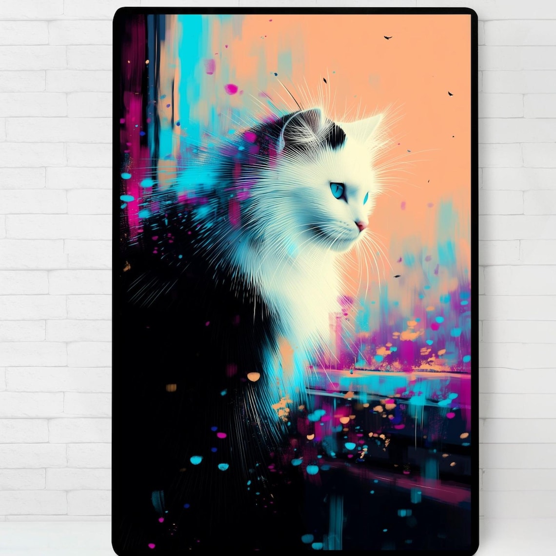 Neon Abstract White Cat Portrait Electric Blue Eyes Colorful Feline Wall Art